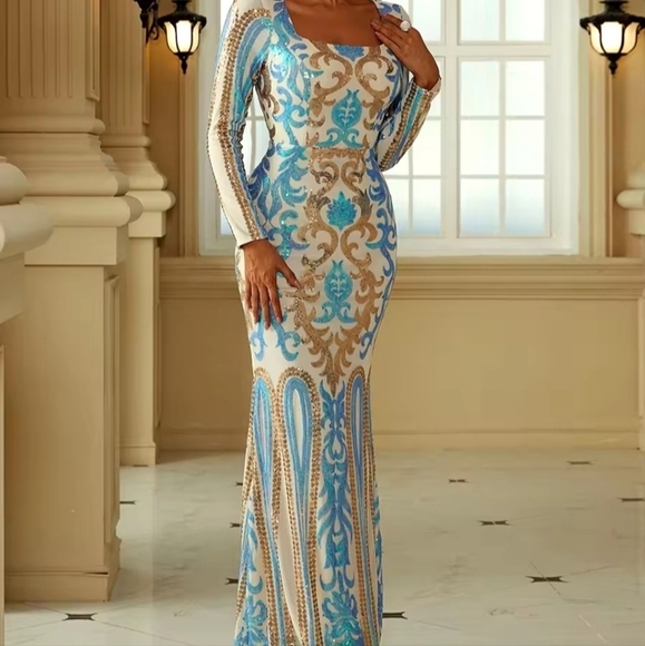 Blue, Baroque Print, Long Sleeved, Square Neck, Mermaid Gown for Specia… - Picture 8 of 10